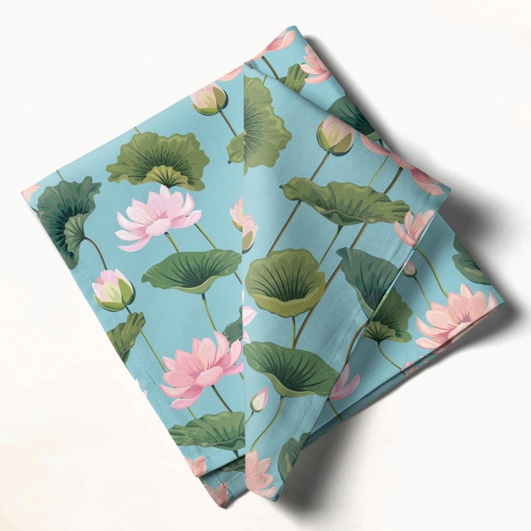 Aqua Blue Lotus Floral Print: Napkins 18" X 18" - Pack Of 20