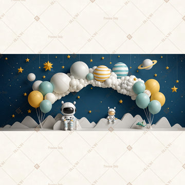 Blue Balloon Space Party Wide Backdrop