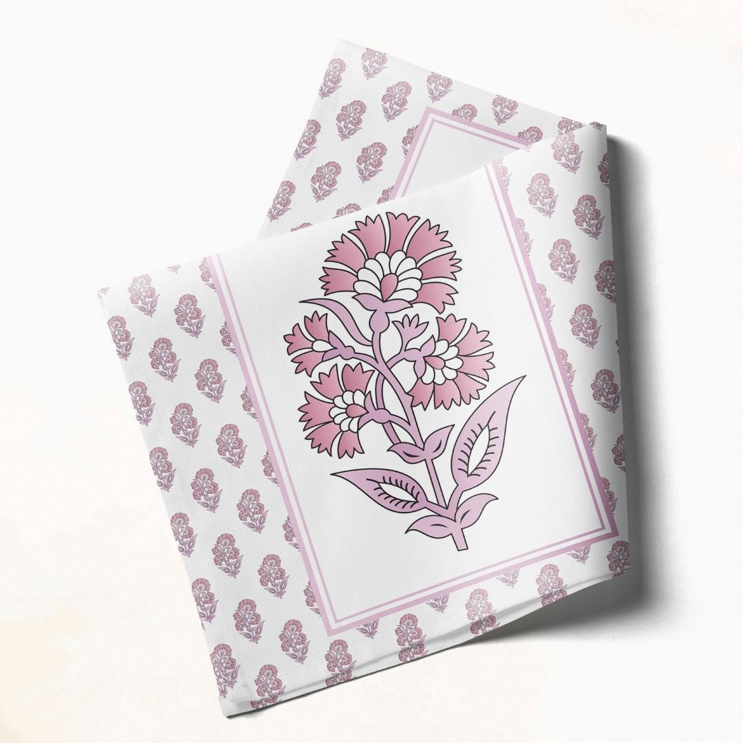 White and Pink Block Print Floral: Napkins 18" X 18" - Pack Of 20