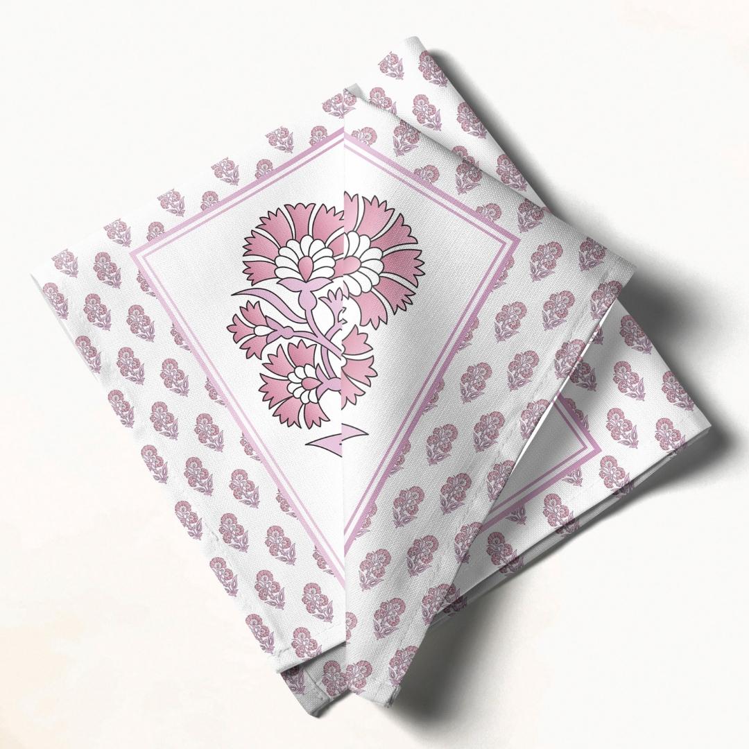 White and Pink Block Print Floral: Napkins 18" X 18" - Pack Of 20