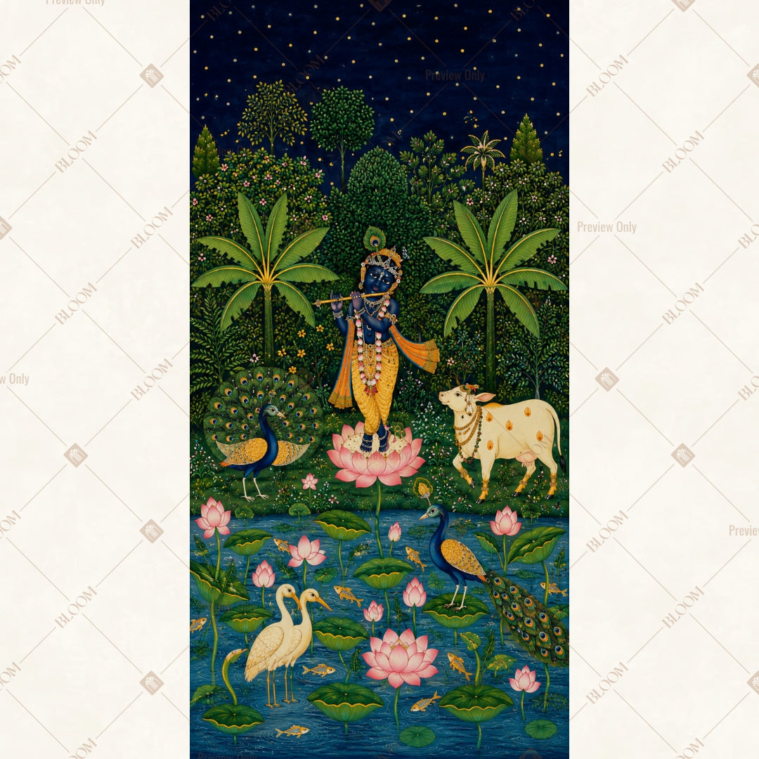 Krishna Vrindavan Night Vertical Backdrop