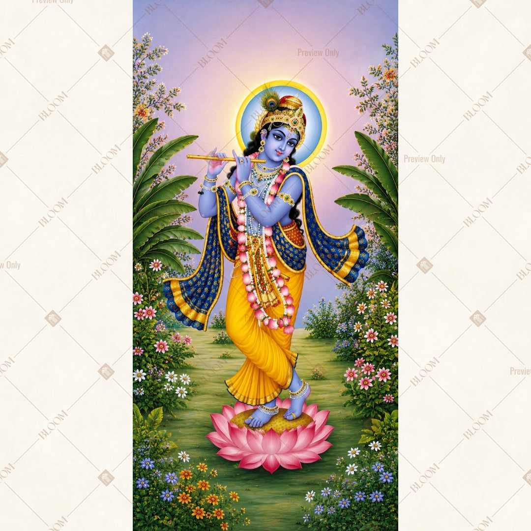 Lord Krishna Lotus Garden Vertical Backdrop