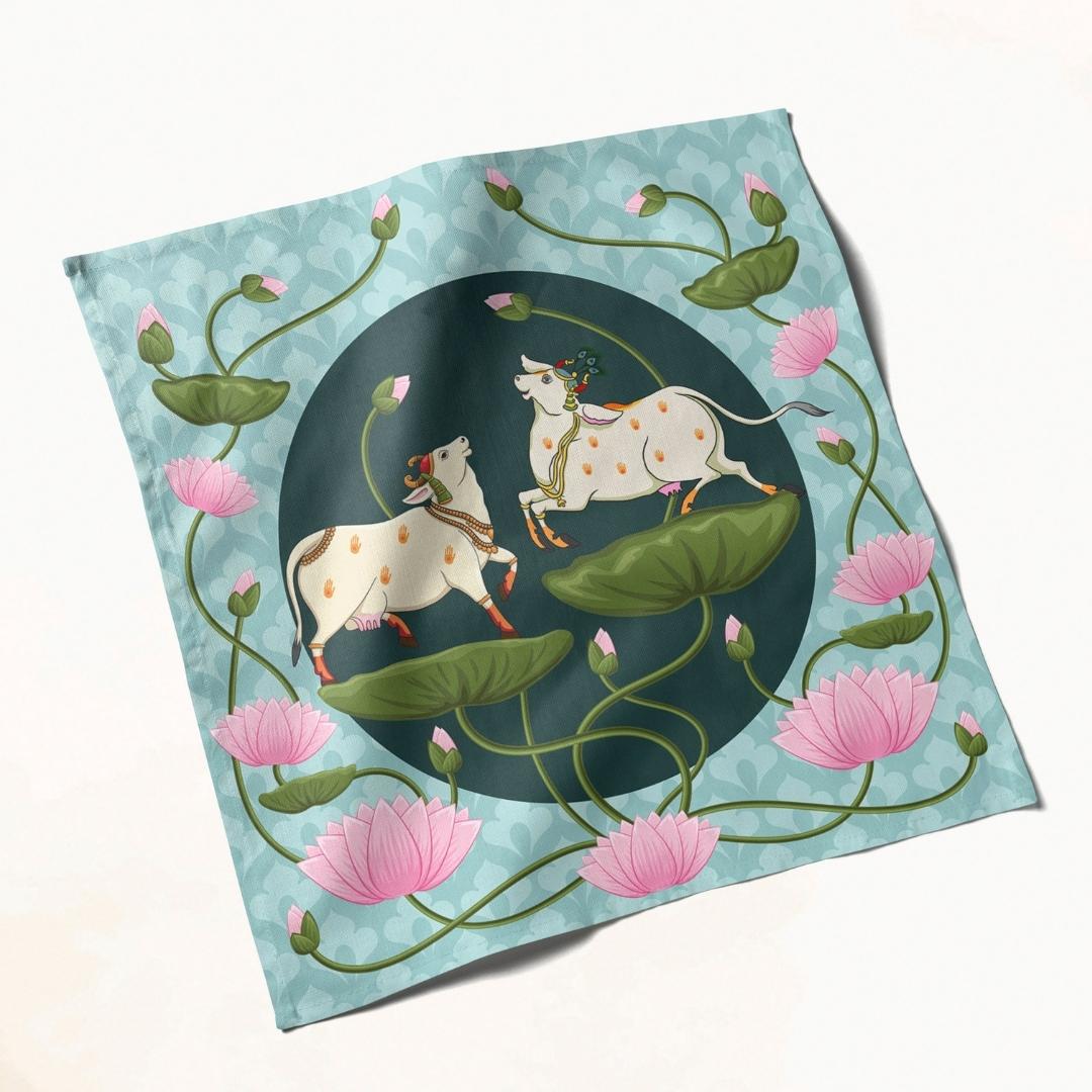 Blue Lotus Cow Motif: Napkins 18" X 18" - Pack Of 20