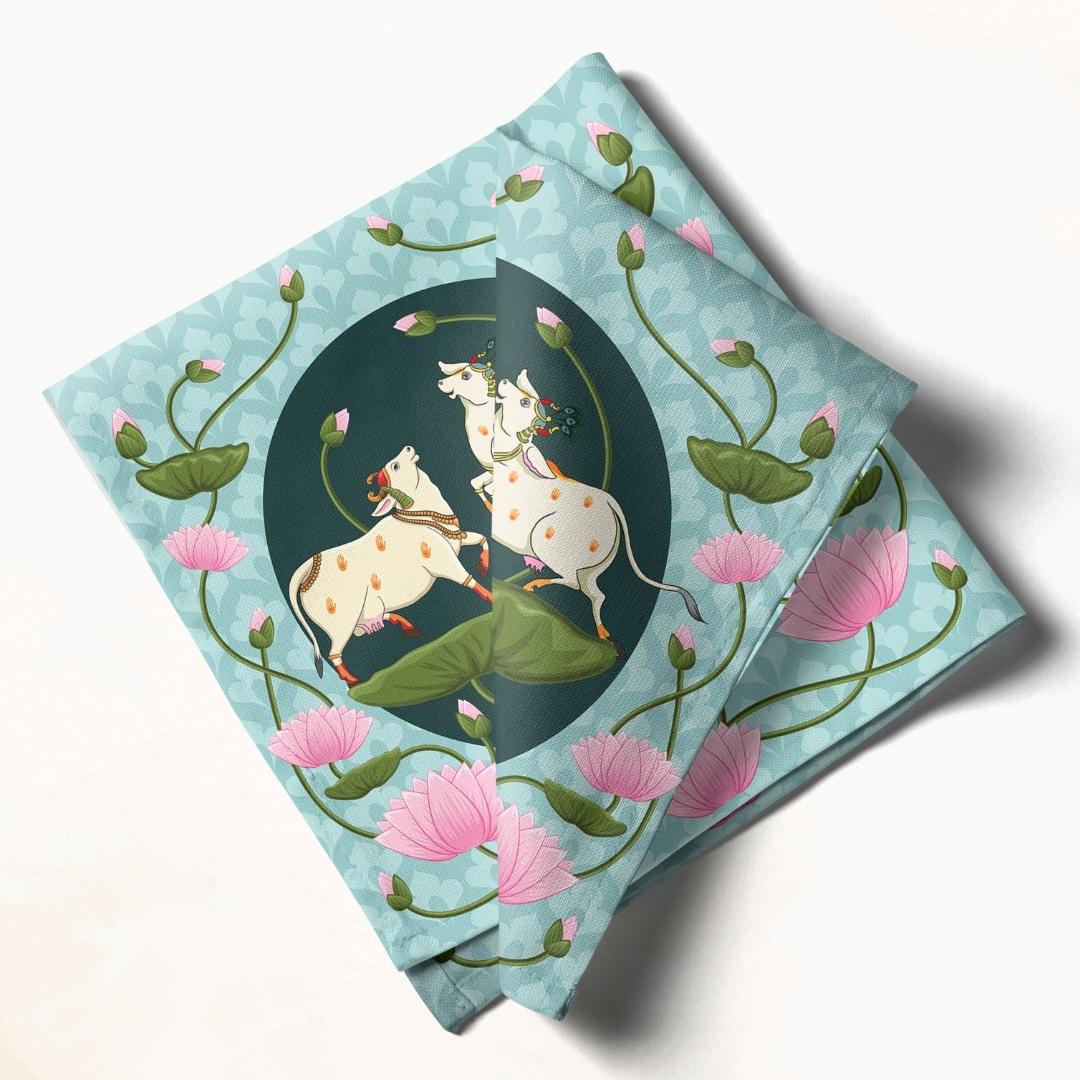 Blue Lotus Cow Motif: Napkins 18" X 18" - Pack Of 20