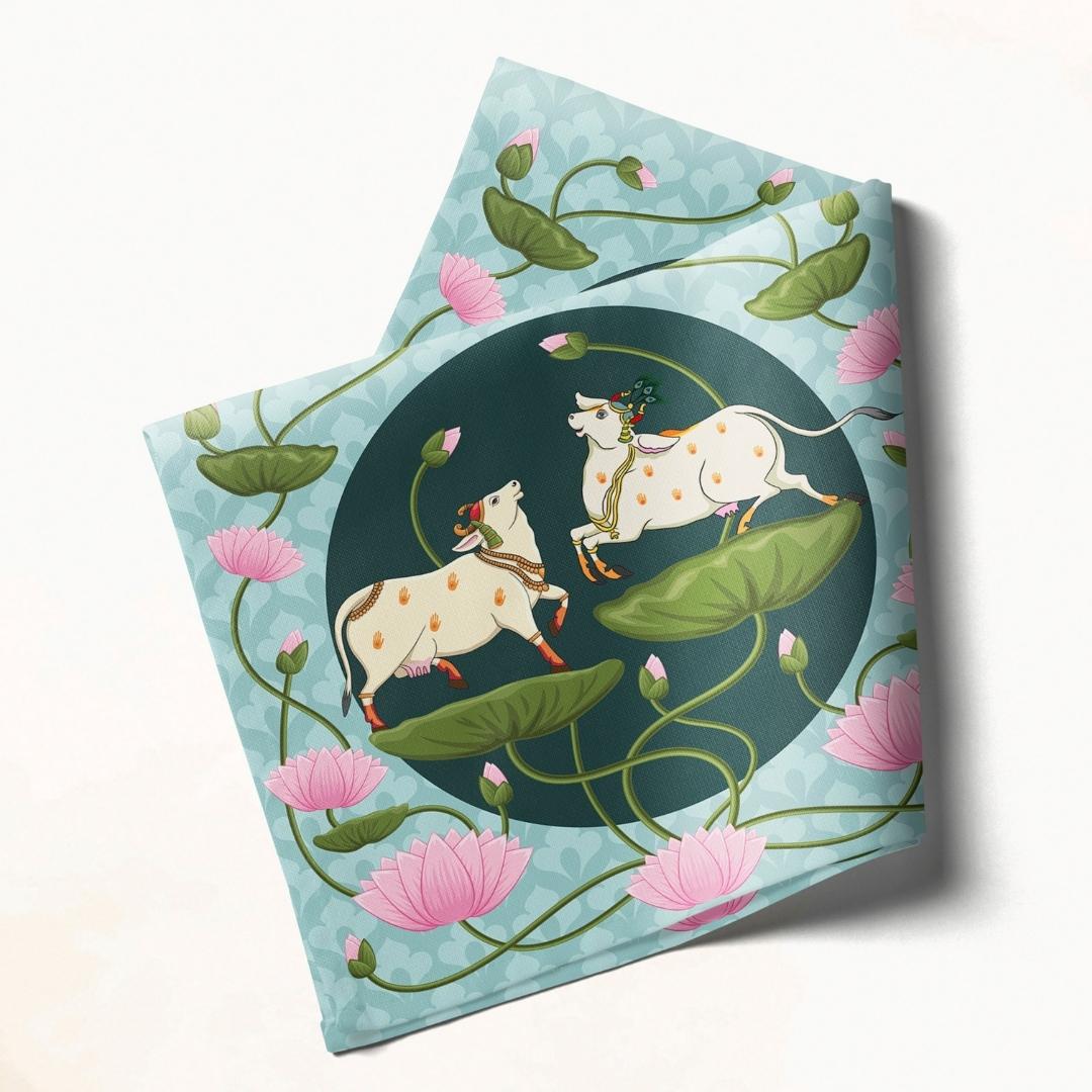 Blue Lotus Cow Motif: Napkins 18" X 18" - Pack Of 20