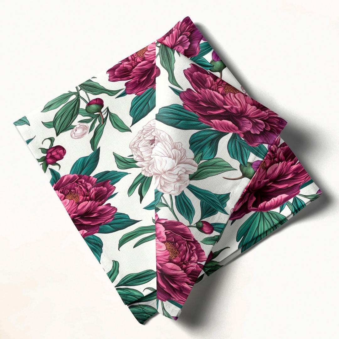 White & Burgundy Floral: Napkins 18" X 18" - Pack Of 20