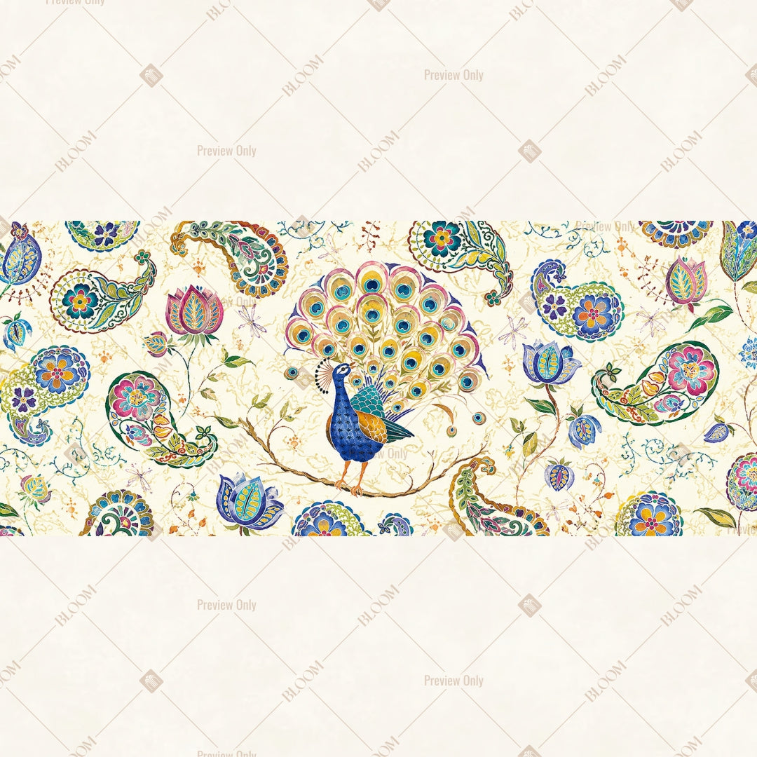 Blue Peacock Floral Pattern Border Wide Backdrop