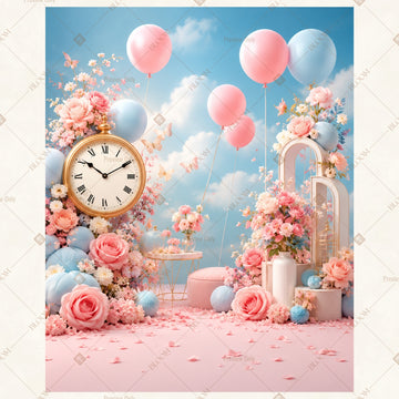 Vintage Clock Balloon Party Portrait Rectangle Backdrop