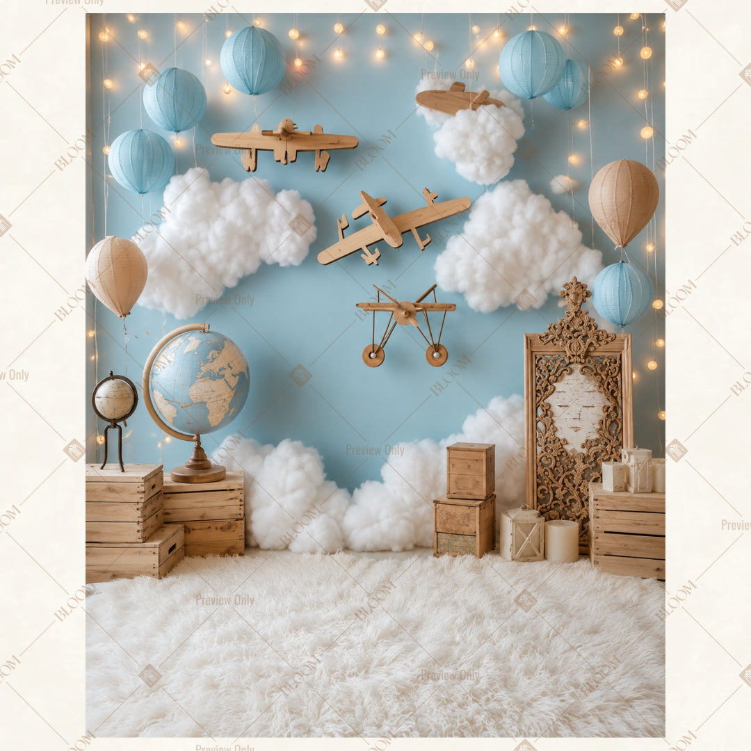 Blue Winter Balloon Party Portrait Rectangle Backdrop