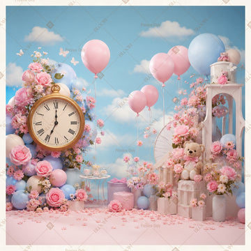 Pastel Clock Balloon Party Square Backdrop