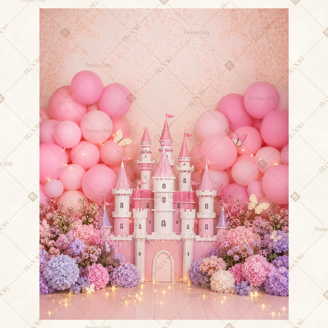 Pink Balloon Castle Party Portrait Rectangle Backdrop