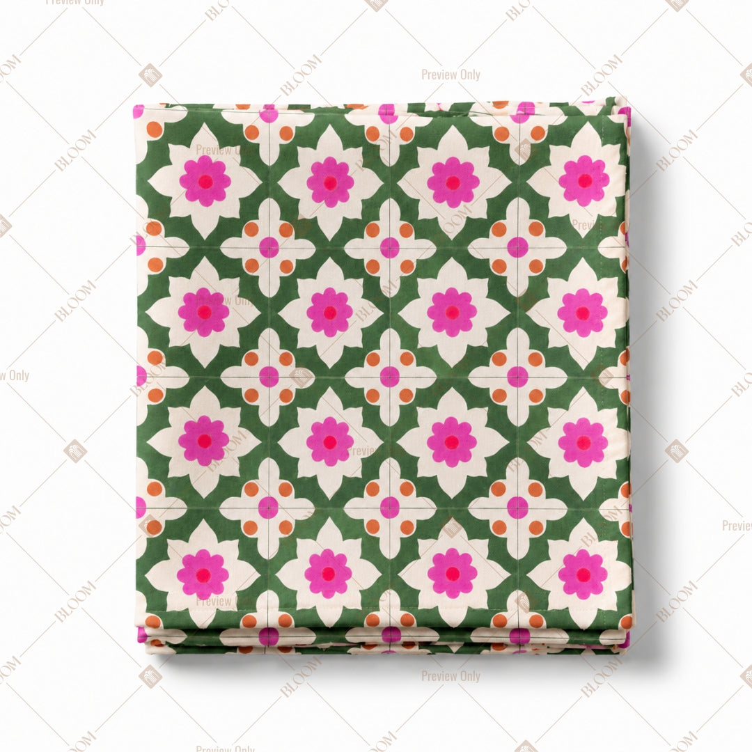 Pink Green Floral Tile Pattern Design