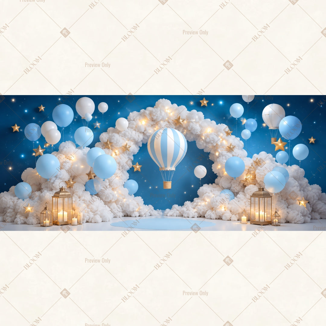 Blue Balloon Cloud Party Wide Backdrop