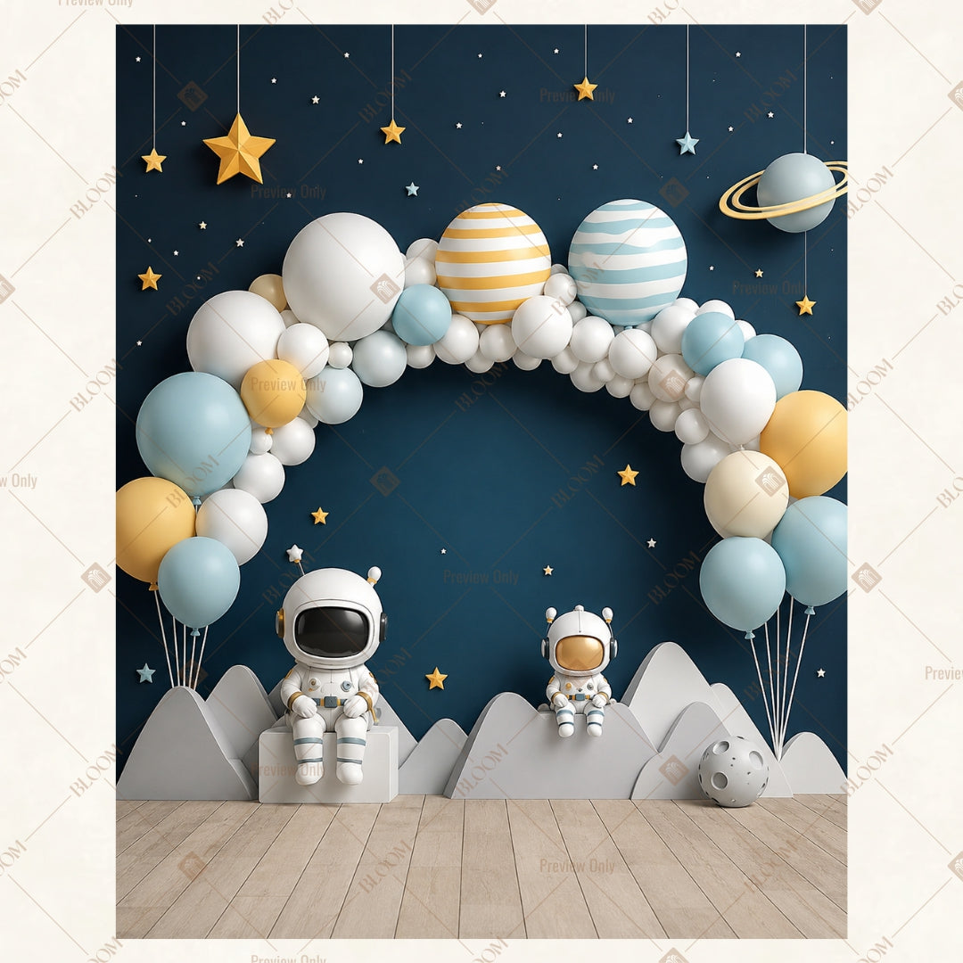 Blue Balloon Space Party Portrait Rectangle Backdrop