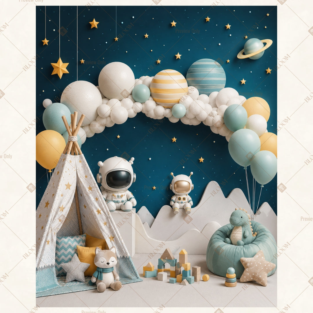 Blue Balloon Moon Party Portrait Rectangle Backdrop