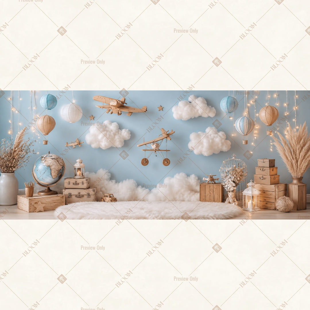 Dreamy Blue Balloon Sky Wide Backdrop