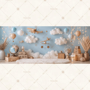 Dreamy Blue Balloon Sky Wide Backdrop