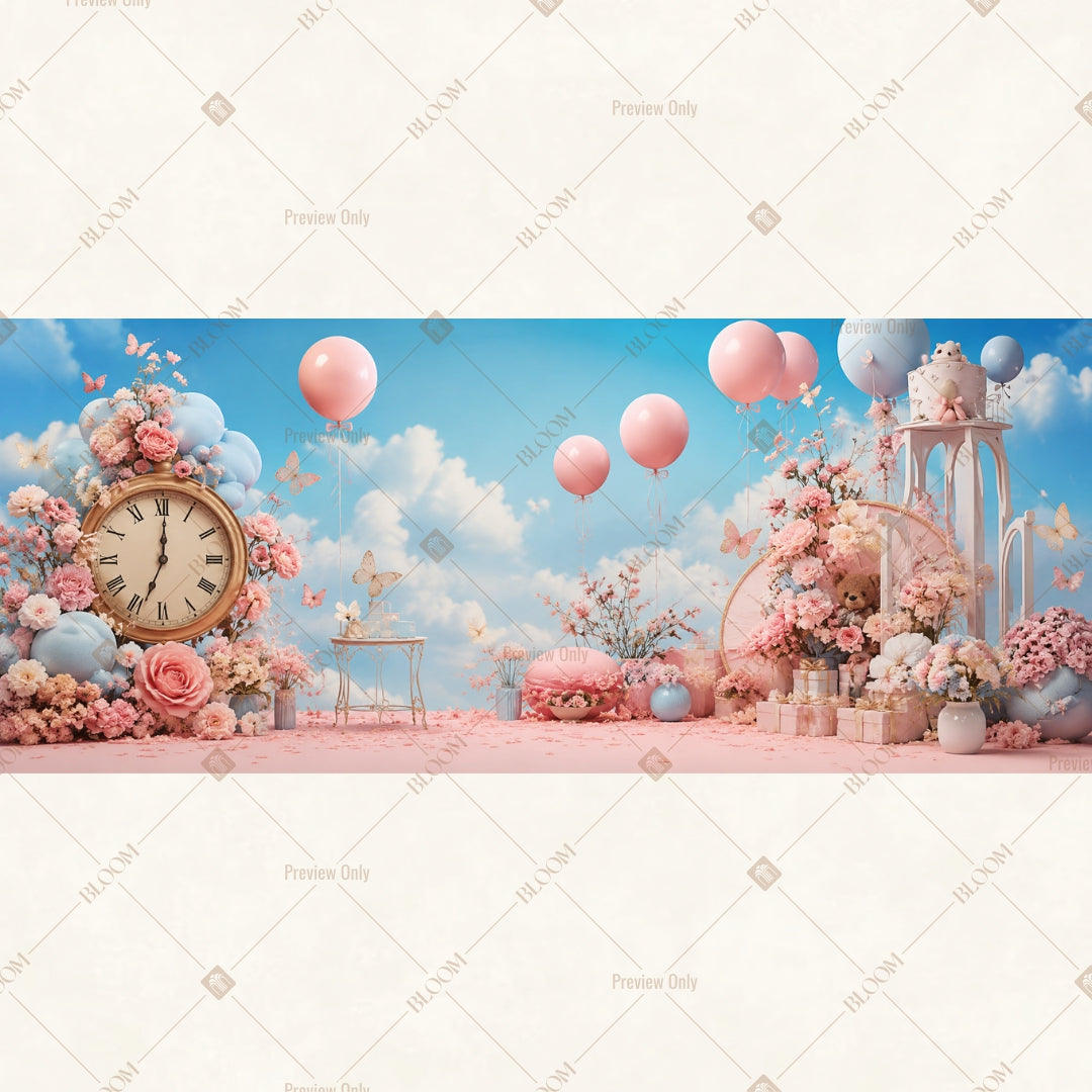 Pastel Clock Balloon Party Wide Backdrop
