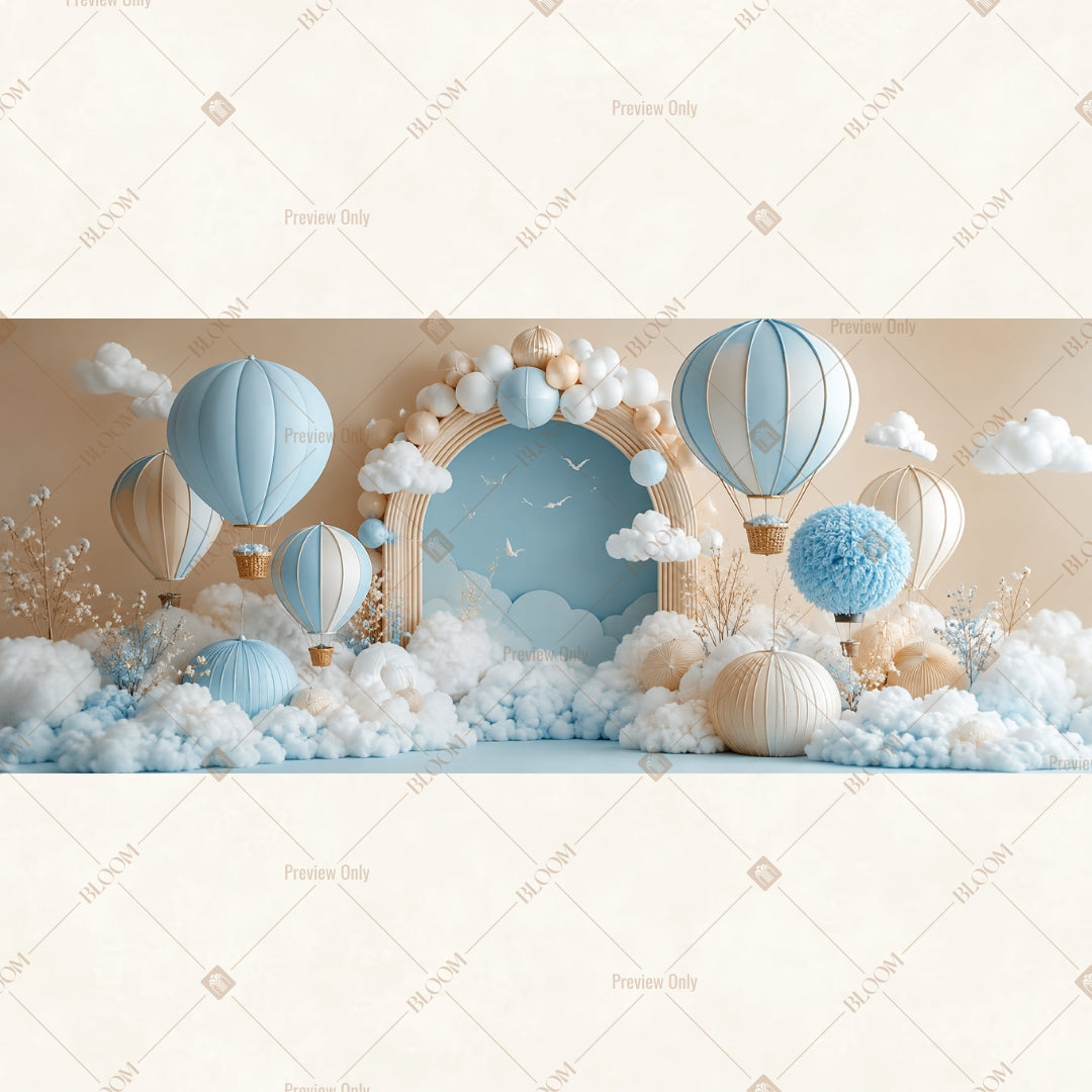 Blue Balloon Cloud Border Wide Backdrop