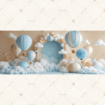 Blue Balloon Cloud Border Wide Backdrop