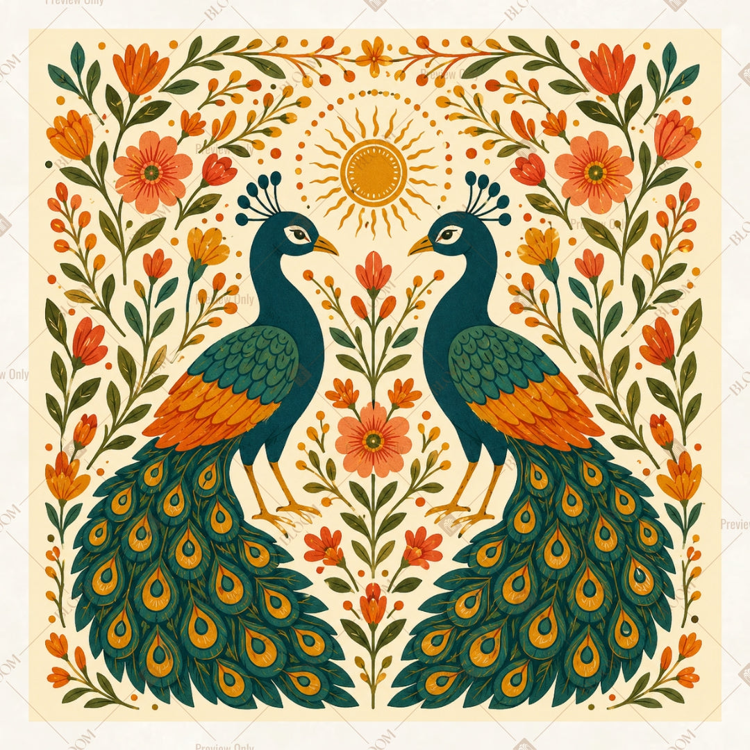 Vintage Peacock Floral Pattern Square Backdrop