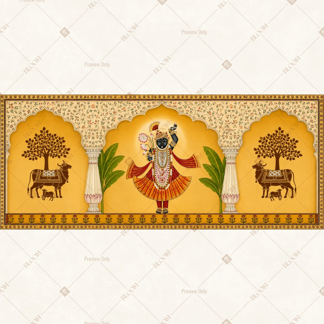 Golden Krishna Temple Border Wide Backdrop