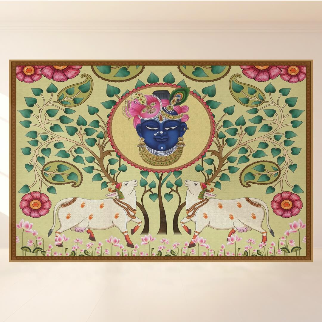 Krishna Divine Wall with Cows: Backdrop - Landscape