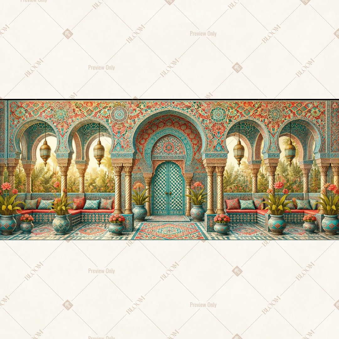Aqua Mughal Palace Border Wide Backdrop