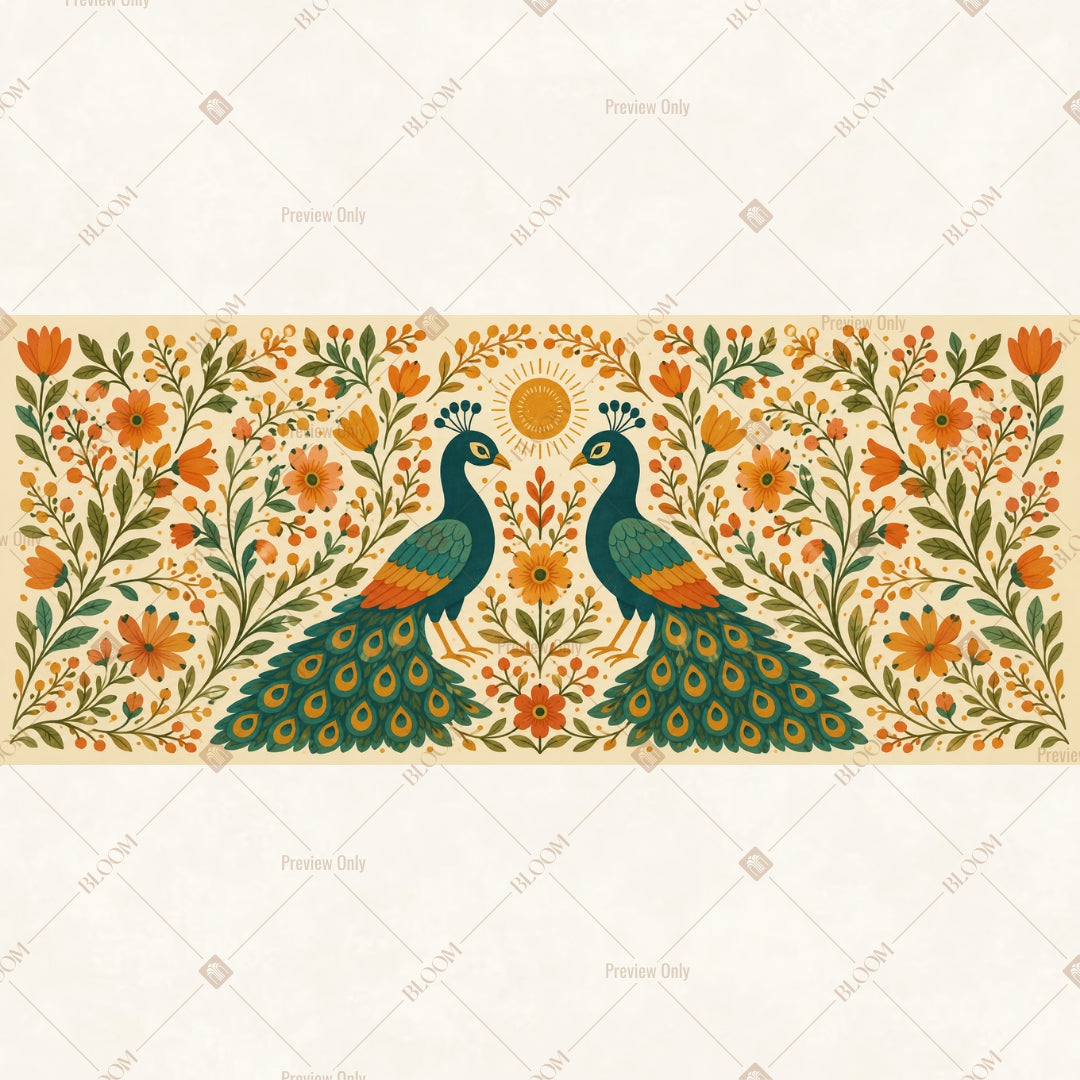 Peacock Floral Pattern Wide Backdrop