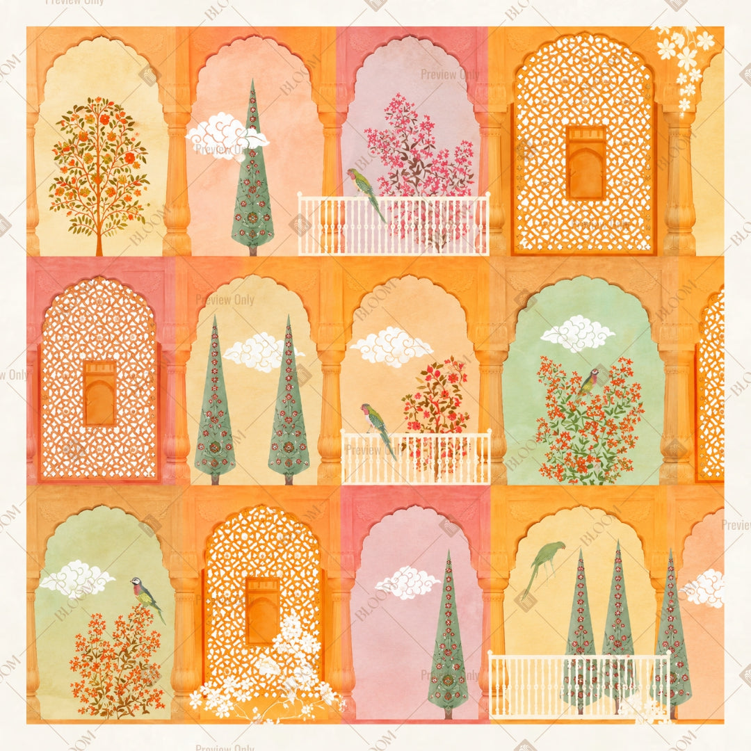 Peach Mughal Arch Pattern Square Backdrop