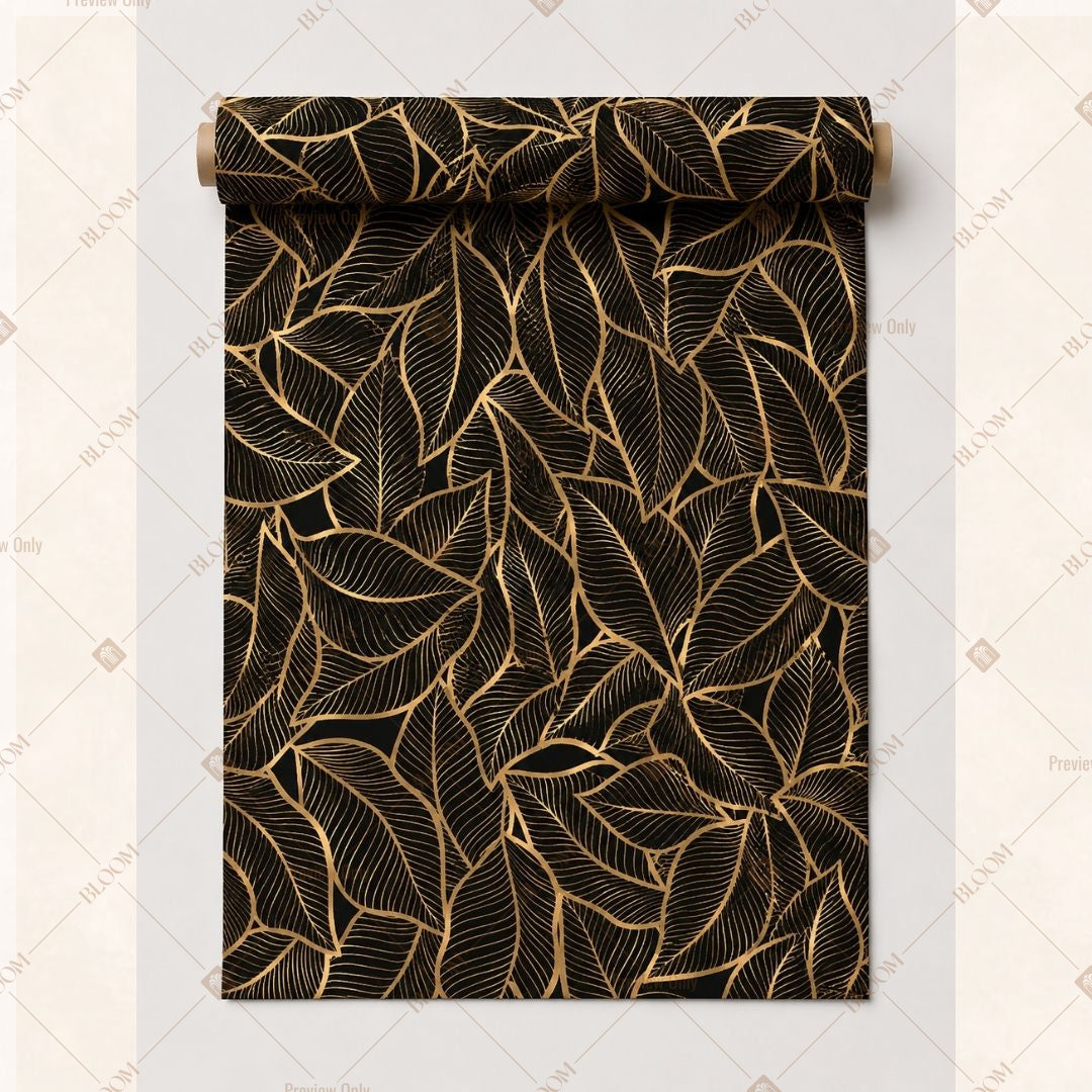 Black Gold Botanical Leaf Fabric Roll Pack of 25