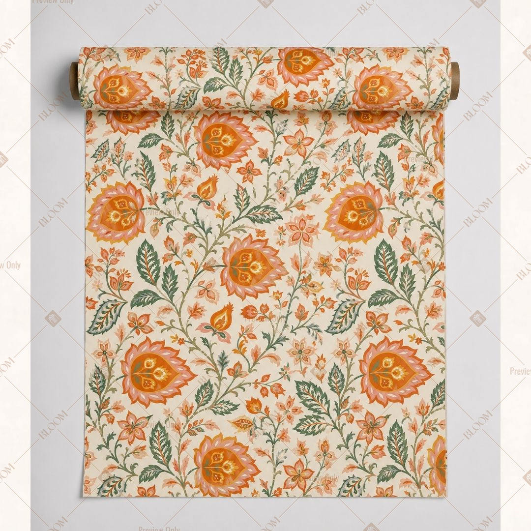 Orange Floral Block Print Fabric Roll Pack of 25