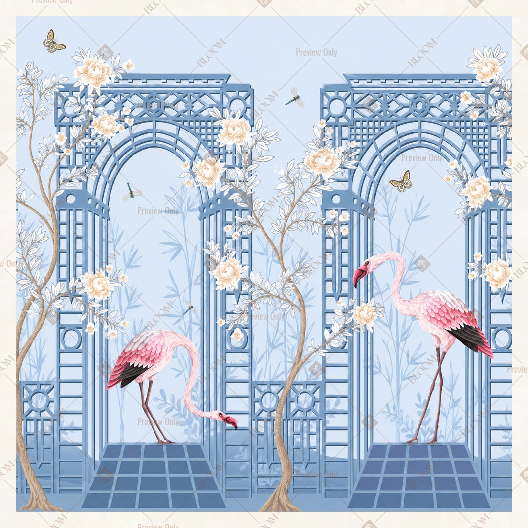 Blue Floral Palace Window Square Backdrop