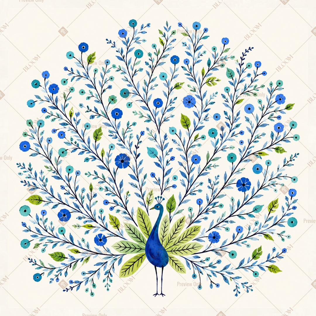 Blue Peacock Tree Pattern Square Backdrop