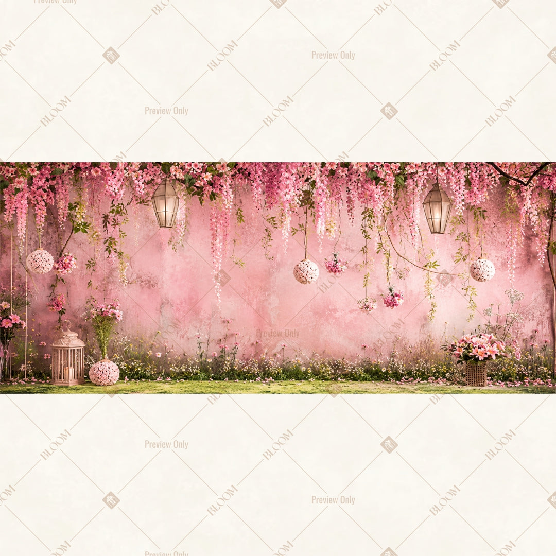 Pink Hanging Floral Border Wide Backdrop