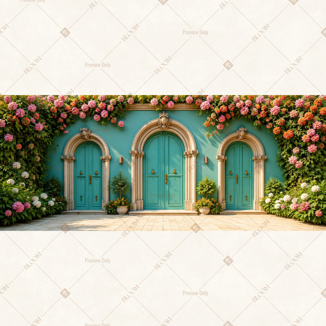Aqua Palace Floral Border Wide Backdrop