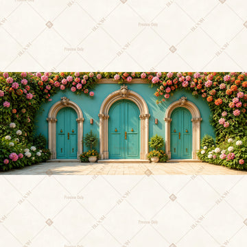 Aqua Palace Floral Border Wide Backdrop