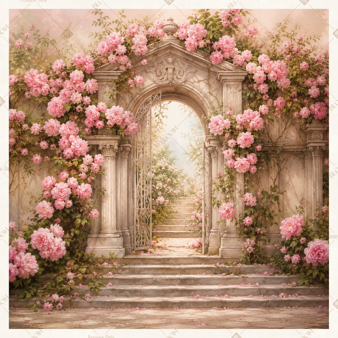 Romantic Floral Palace Entrance Square Backdrop