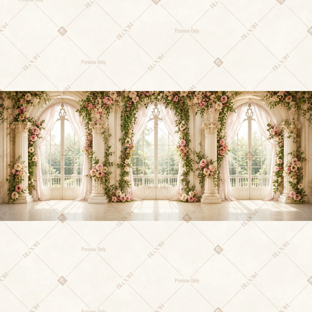White Floral Palace Garden Wide Backdrop