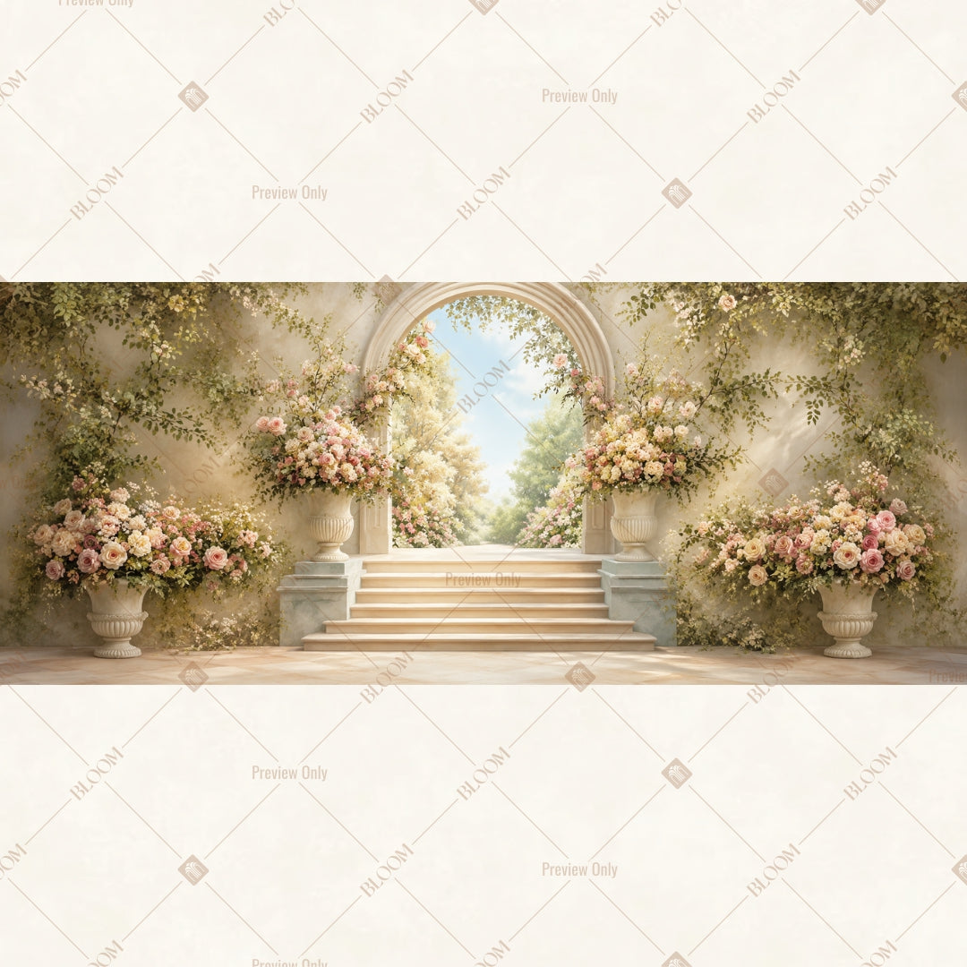 Romantic Palace Garden Stairway Wide Backdrop