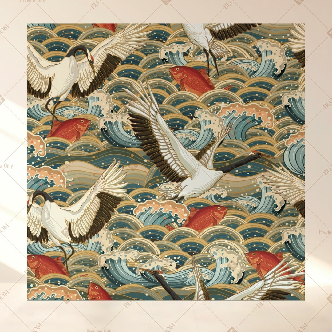 Crane Bird Wave Square Backdrop