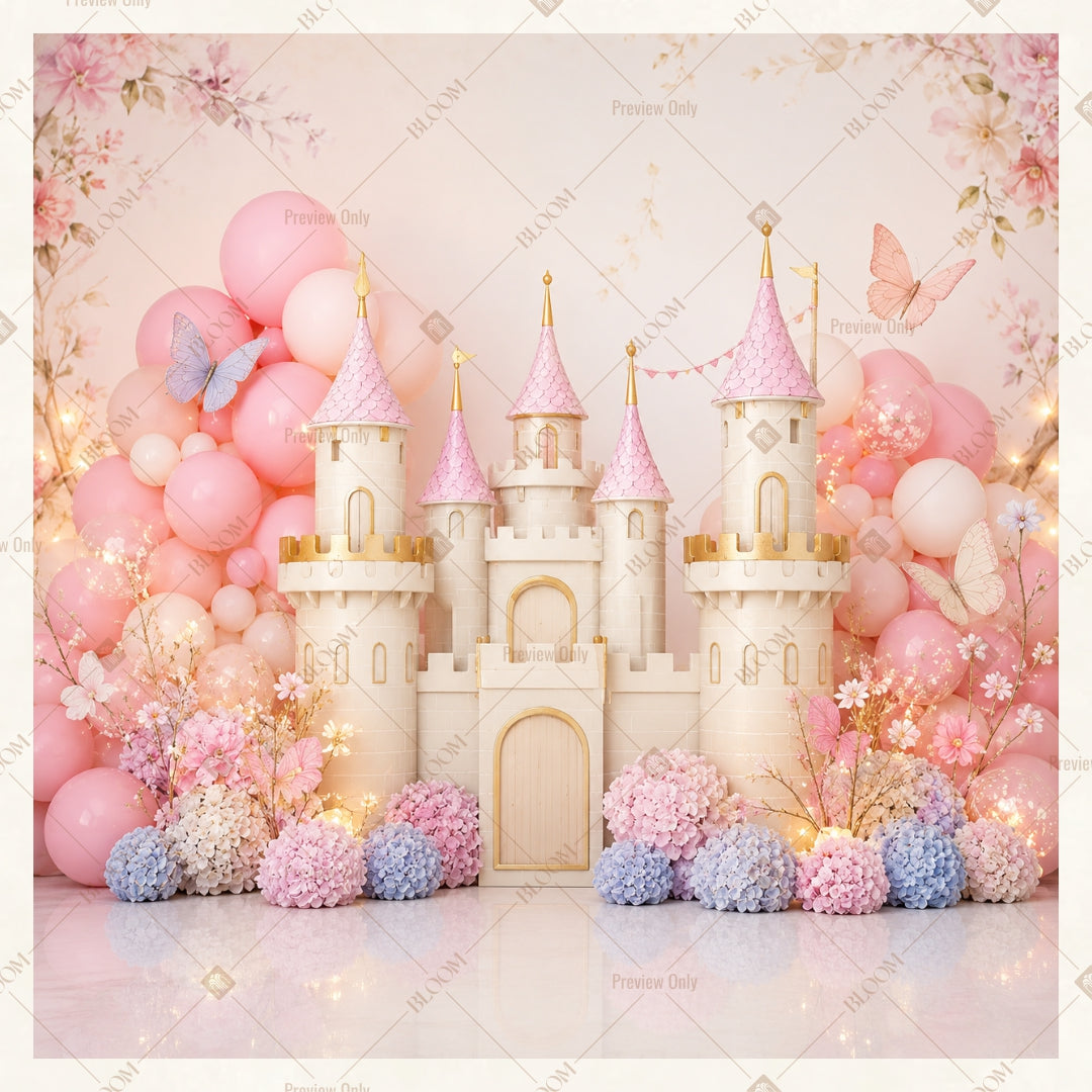 Pink Castle Balloon Party Square Backdrop