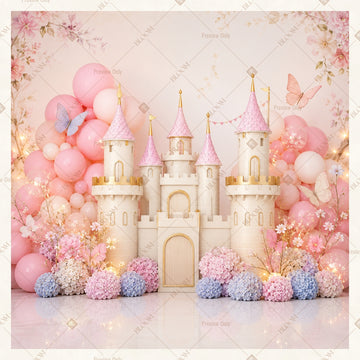 Pink Castle Balloon Party Square Backdrop