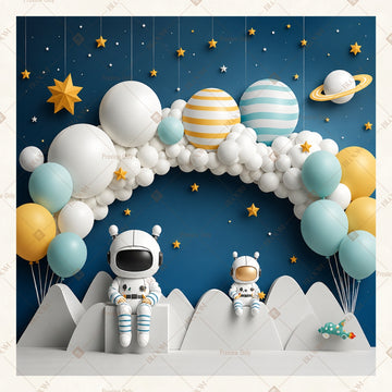 Blue Space Balloon Party Square Backdrop