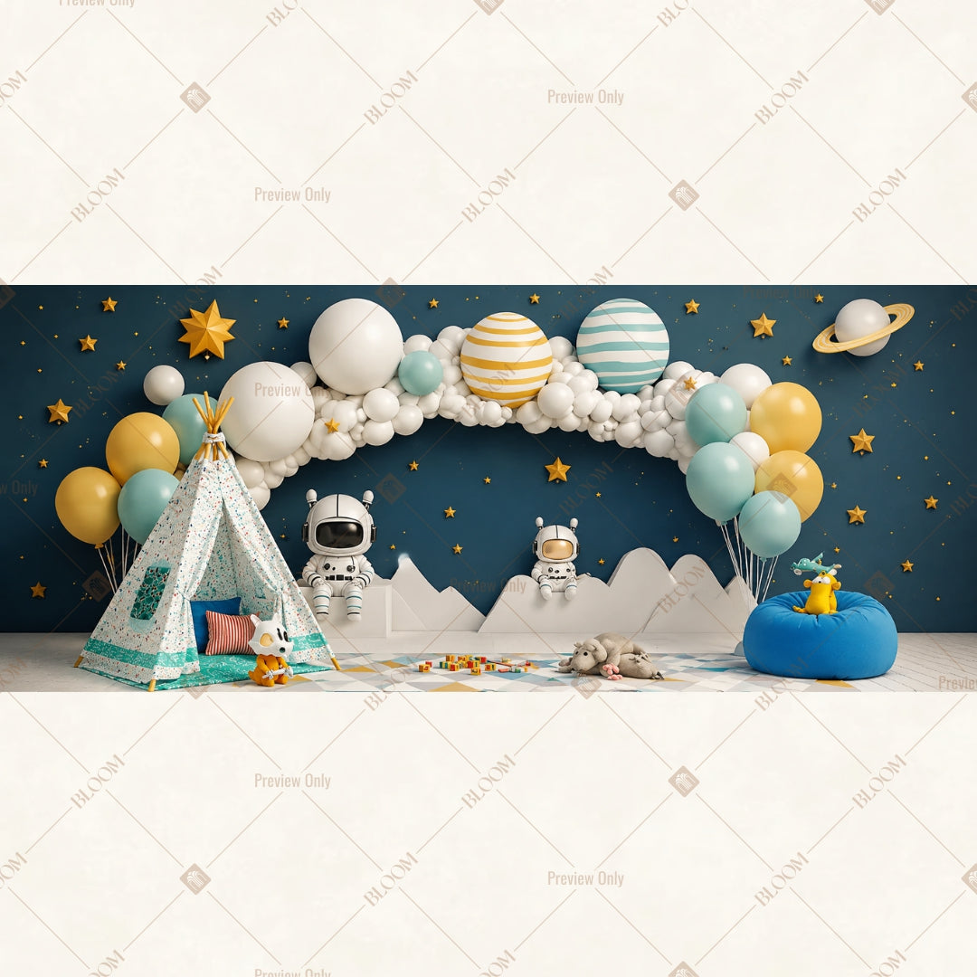 Blue Balloon Moon Party Wide Backdrop