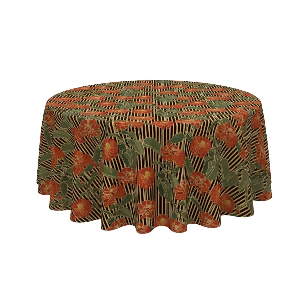 Olive Striped Floral Accent Round Table Cover - Pack Of 6